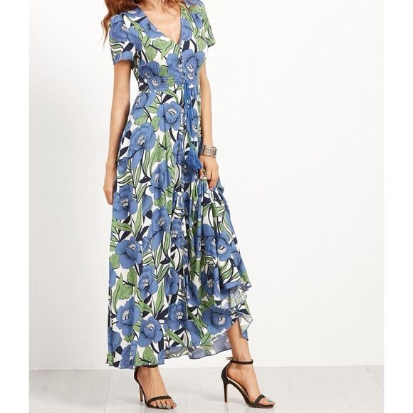 ✨ Flower Print V-Cut Button Shirt Waist Dress - Picture 4 of 4